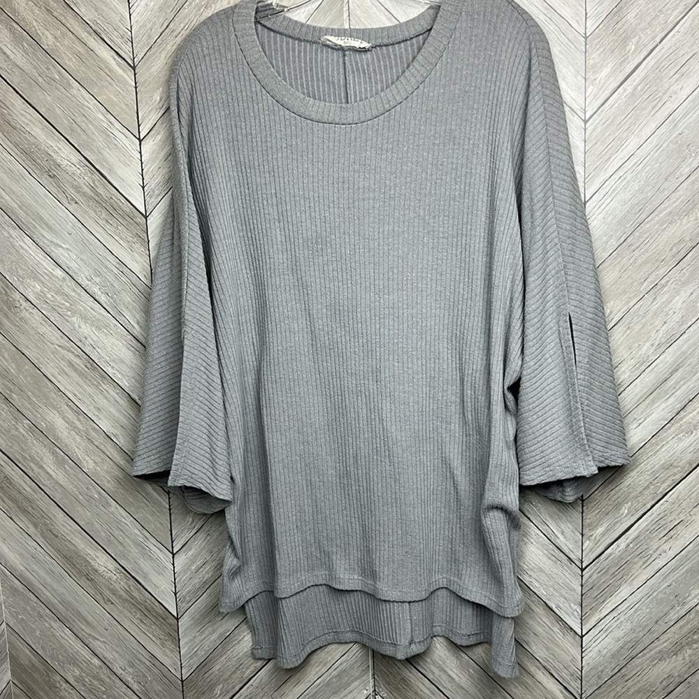 Soft Gray Ribbed Top with Side Slits and Dolman Sleeves Large